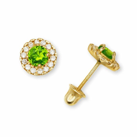 Solid 14K Yellow Gold Halo Birthstone Stud Screw Back Earrings w/ Sparkly Stones - Picture 8 of 12
